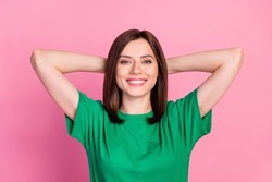 Photo of young attractive lady wear green t-shirt hands hold head freelancer chill time isolated on pink color background