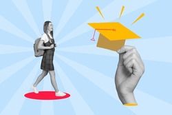 Surreal graphics collage of teen school lady step forward winning target mortarboard degree isolated color background