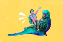 Collage photo of young boy little kid wear backpack lenses sitting big parrot fly surreal isolated on yellow color background