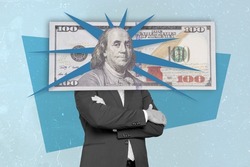 Creative collage image of business person folded arms black white colors hundred dollars banknote instead head isolated on painted background
