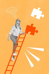 Vertical creative collage image of confident employee businesswoman lifting career ladder hold puzzle piece match fitting solving problem