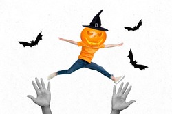 Creative collage picture of little person pumpkin instead head jumping above big arms black white effect flying bats