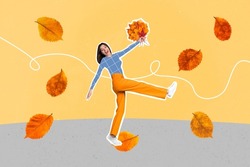 Creative abstract template collage of funny funky excited woman holding bunch orange golden autumn leaves have fun enjoy season walking