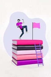 3d retro abstract creative artwork template collage of excited funky young man climb ladder pile book student reach goal homework champion