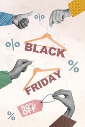 Creative picture voucher collage of different people hold hangers with black friday labels on drawing percents background
