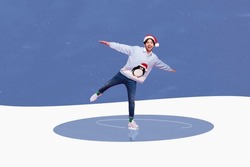Collage photo of youngster santa claus helper guy wear stylish ugly sweater pinguin ice figure skatin santa winter isolated on blue color background