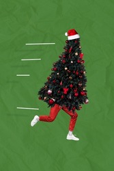 Collage photo of abstract funny headless runner christmas tree wear decoration hurry buy new gifts sale isolated on paper green color background