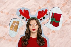 Composite collage picture image of attractive lovely young girl imagine guess receive christmas present choose dream christmas deer horns