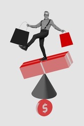 Creative photo 3d collage artwork of stylish business man stand on pile geometric figures cool shopping isolated on painting background