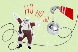 Creative photo collage illustration of positive satisfied santa claus dancing have fun arm hold disco ball on green color background