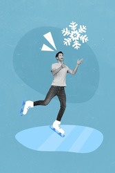 Collage photo of young funny excited guy wear casual outfit frosty weather winter season snowing ice skating isolated on blue color background