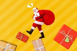 Collage photo picture of funny old saint nicholas man bring huge gift sack christmas commerce shopping promo isolated on yellow color background