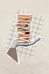 Collage photo concept of arm hold stack books from library shop get knowledge from literature interesting information isolated on grey background