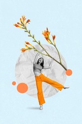 Vertical collage portrait of small black white gamma positive girl arms hold big flower isolated on painted background