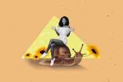 Collage photo of young attractive woman sitting sliding slither mollusk autumn fall season sunflower bloom field isolated on beige color background