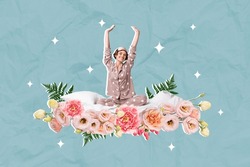 Creative collage picture of cheerful dreamy girl stretching awakening bed bunch flowers isolated on drawing background