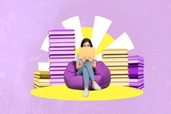 Composite collage image of girl sitting beanbag read book cover face isolated on creative painted background