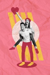 Collage 3d image of retro sketch of charming funny couple riding hands arms having fun 14 february isolated painting background