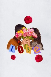 Vertical collage photo poster of lovely couple hide behind tulips fresh bunch feelings forever kisses anniversary isolated on white color background