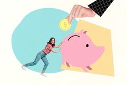 Artwork creative collage photo of young business lady pushing piggybank collect money nft tokens become rich isolated on painted background