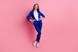 Full body size photo of young successful business lady hands touch waist posing wear formal costume office worker isolated on pink color background