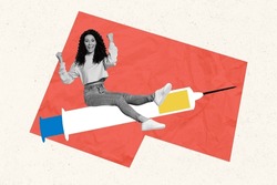 Creative poster banner collage of excited woman sit flying syringe with blue yellow medication defeat dangerous hazard