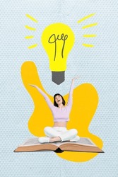 Creative graphics 3d collage of excited girl learning nerd have inspiration lamp bulb genius decision sit open book