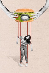 Photo sketch graphics collage artwork picture of unhappy upset lady having junk food addiction isolated drawing background