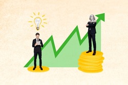 Creative collage image of business people use tablet bright idea light bulb pile stack money coins growing arrow upwards isolated on painted background