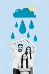 Template magazine collage of happy family caring hold hands roof protect raindrop harmony relationship concept