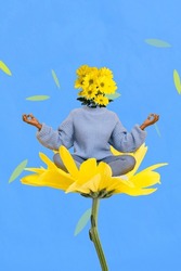 Vertical collage portrait of mini girl bouquet instead head meditate sitting huge flower isolated on creative background