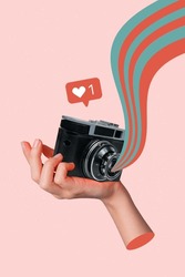 Vertical photo artwork design collage hand holding vintage photocamera shooting cadre popular picture online media isolated on beige color background