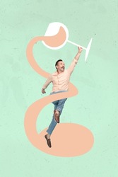 Magazine creative template pop collage of funky man levitating reach high quality luxury merlot wine glass