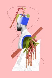 Vertical collage picture of black white colors guy fresh flourish flower plant head isolated on creative pink background