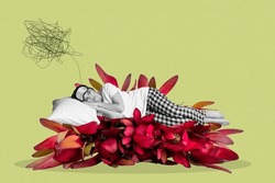 Conceptual collage photo girl sleeping on bed made of red flowers have anxiety dreams concerned something uncomfortable
