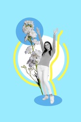 Vertical collage picture of excited mini black whit effect girl big flourish orchid flower isolated on blue drawing background