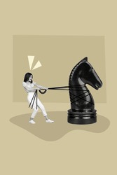 Creative poster banner collage of strong young lady play chess fight for victory pull string knight horse
