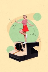 Vertical collage image of excited mini girl stand huge photo camera dancing isolated on drawing beige background