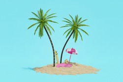 Realistic 3d collage of beautiful tropical island with coconut palm tree sunbathing surfing stuff perfect relax on summer vacation