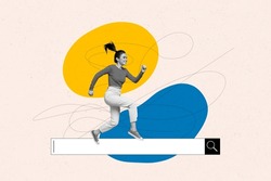 Collage artwork graphics picture of excited lady running google searching engine isolated painting background