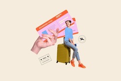 Collage image of big arm hold boarding pass ticket mini girl sit suitcase flight italy isolated on creative background