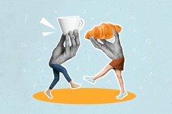 Creative composite illustration photo collage of bodyless people hands instead of body hold cup croissant isolated on drawing background