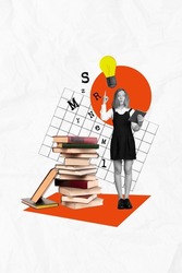 Vertical collage of little funny girl school learning bookworm stack literature eureka brainstorming lamp isolated on white background