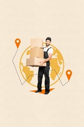 Vertical creative composite photo collage of happy courier hold package boxes deliver over world isolated on beige color background