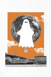 Vertical composite creative photo collage of human wear ghost costume levitating in halloween night isolated on drawing background