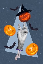 Vertical collage image of black white effect dear man arm carved pumpkins witch head flying bats isolated on night sky background