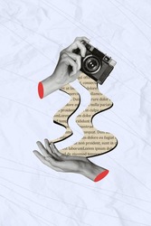 Vertical creative photo composite collage of human hand hold vintage camera capture images write article isolated on drawing background