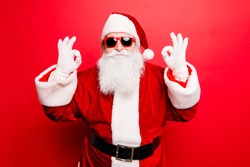Holly jolly x mas noel! December surprise, travel, trips, party time! Playful cool funny naughty tourist santa grandfather is showing accept signs, fooling around, in trendy specs, so confident