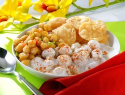 Delicious Mix Chat including chicpeas, gram flour dumplings in yogurt.