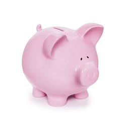 Piggy Bank isolated on white with soft natural shadow, three quarters to camera, front to back focus.